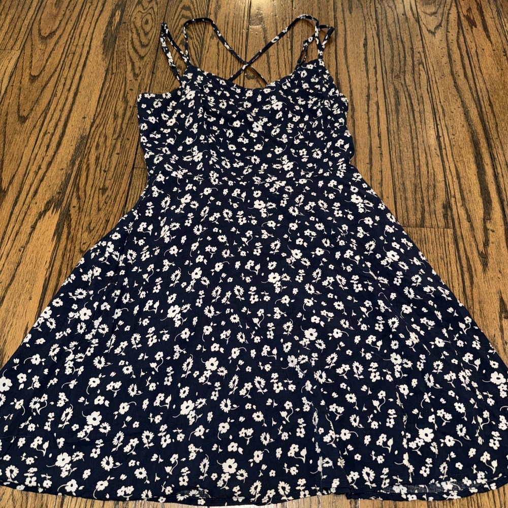 Garage‎ Floral Mini Dress Womens Small Navy Blue Smocked Back Strappy
